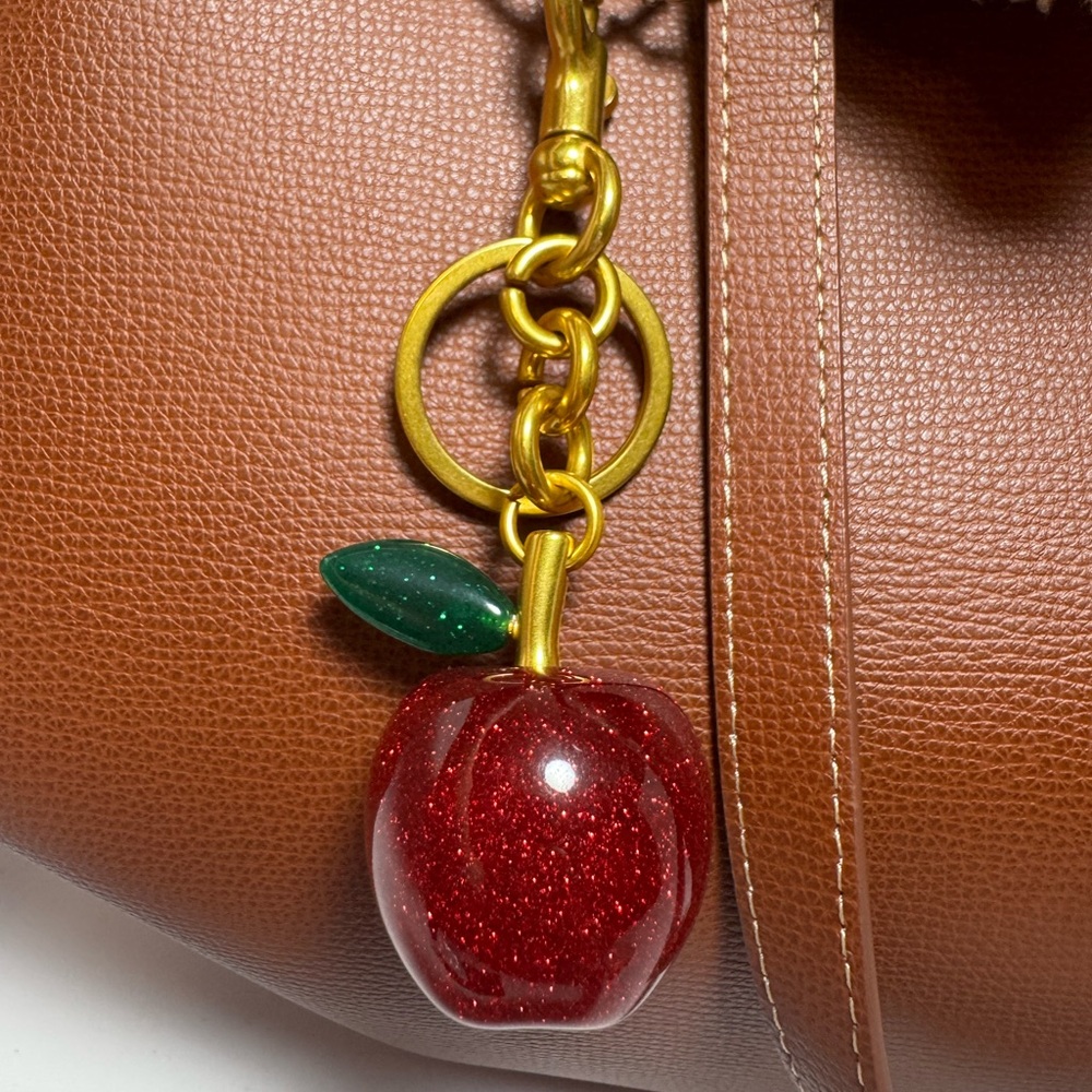 Apple Acrylic Glitter Red & Green Bag Charm w/Gold Keychain | New York
